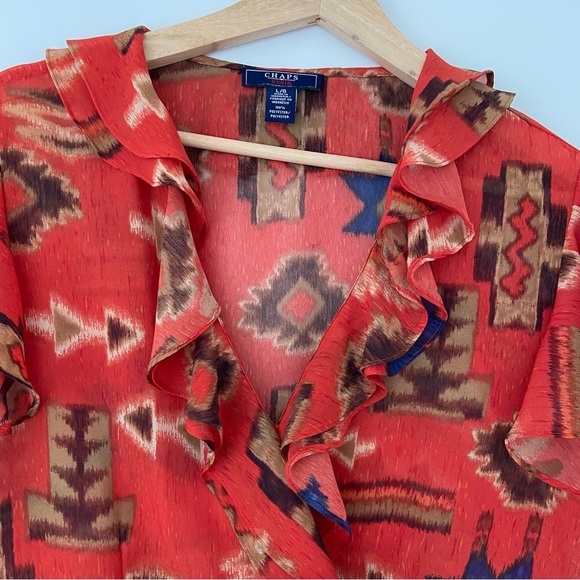 CHAPS DENIM VINTAGE STYLE ORANGE/BROWN SHORT SLEEVE TOP/BLOUSE W/FRONT RUFFLE, L - Picture 4 of 12